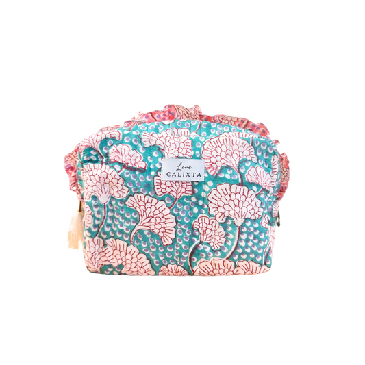 Blue Block Print Frill Washbag